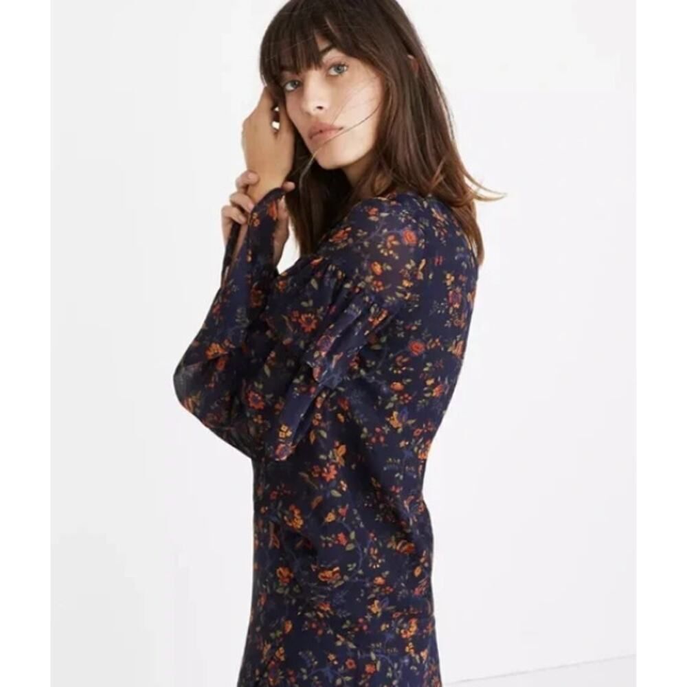 Madewell Ruffle-Sleeve Top Women's Small Navy Blue Floral Climbing Vine Blouse - Picture 2 of 13